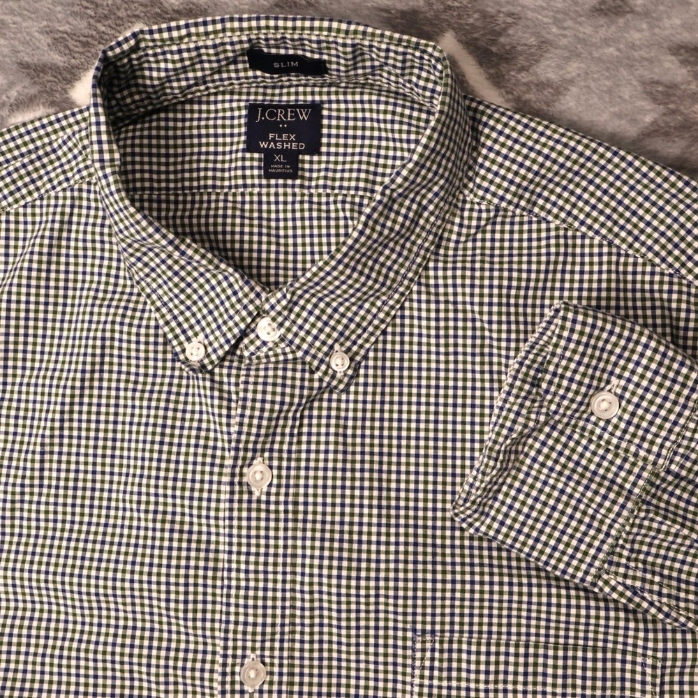 J.Crew Flex Washed Slim Fit Gingham Shirt XL Green Navy Blue Check Long Sleeve
